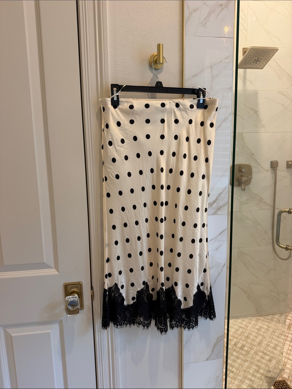 Reformation White Midi Skirt with Black Polka Dots and Lace Trim